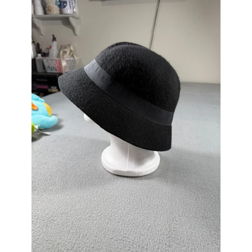 Black Wool Blend Cloche Bucket Hat Rhinestone Floral Accent One Size‎ Vintage